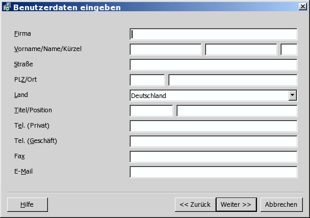 Dialog Pers&ouml;nliche Daten